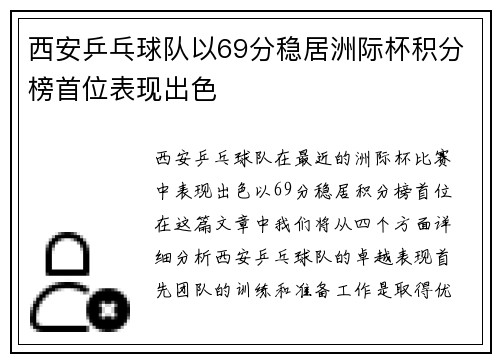 西安乒乓球队以69分稳居洲际杯积分榜首位表现出色